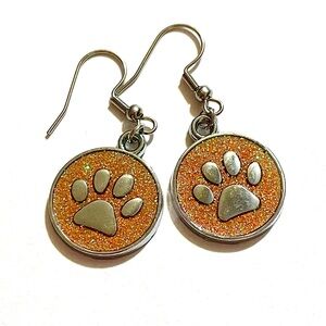 Orange Glitter Paw Print Dangle Earrings